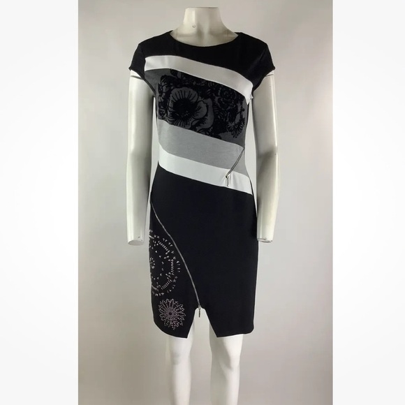 Desigual Sz L Sheath Floral Print Studded Dress Black Viscose Zipper Detail - Picture 1 of 8